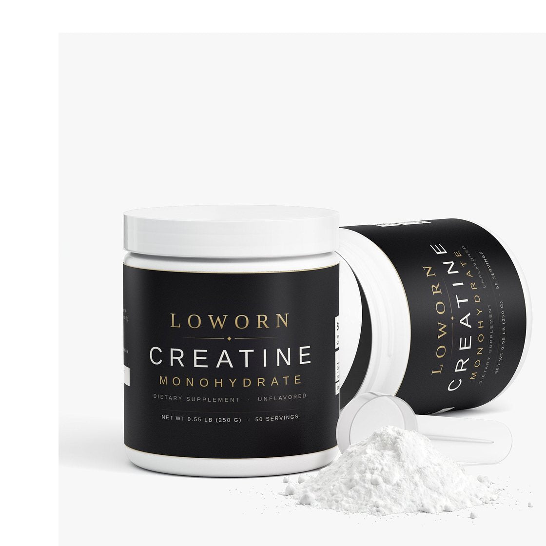Open Loworn Creatine tub with powder and scoop